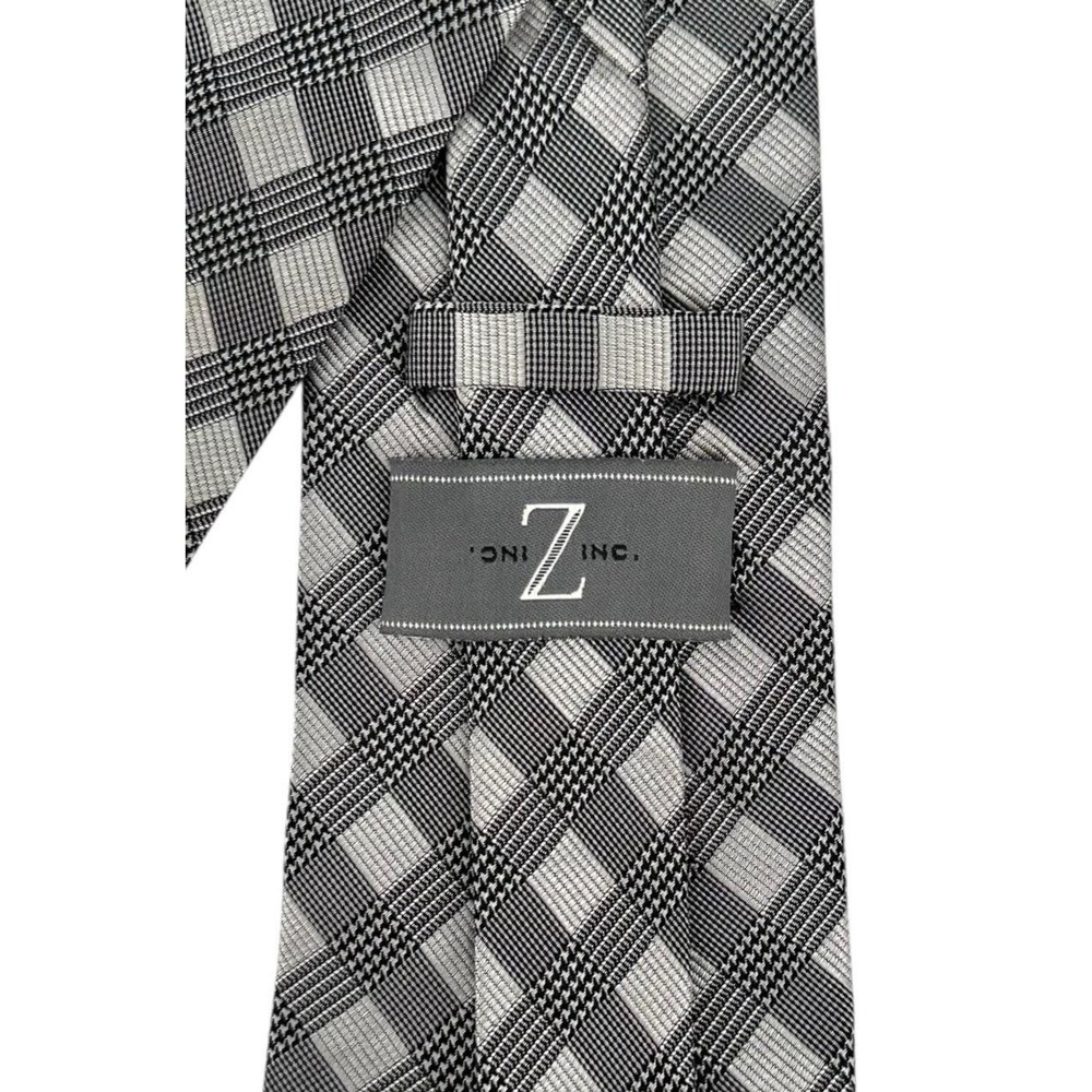 Vintage Zinc Men's 100% Silk Tie Black Gray Plaid Check Necktie - Picture 7 of 11